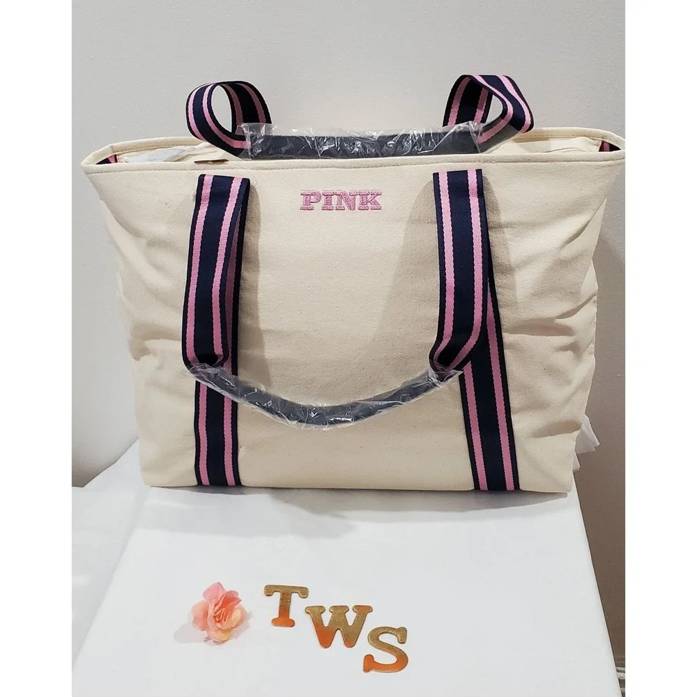 Victoria's Secret PINK Canvas Tote Bag Cream Beige Navy Pink Striped Zip Top NEW
